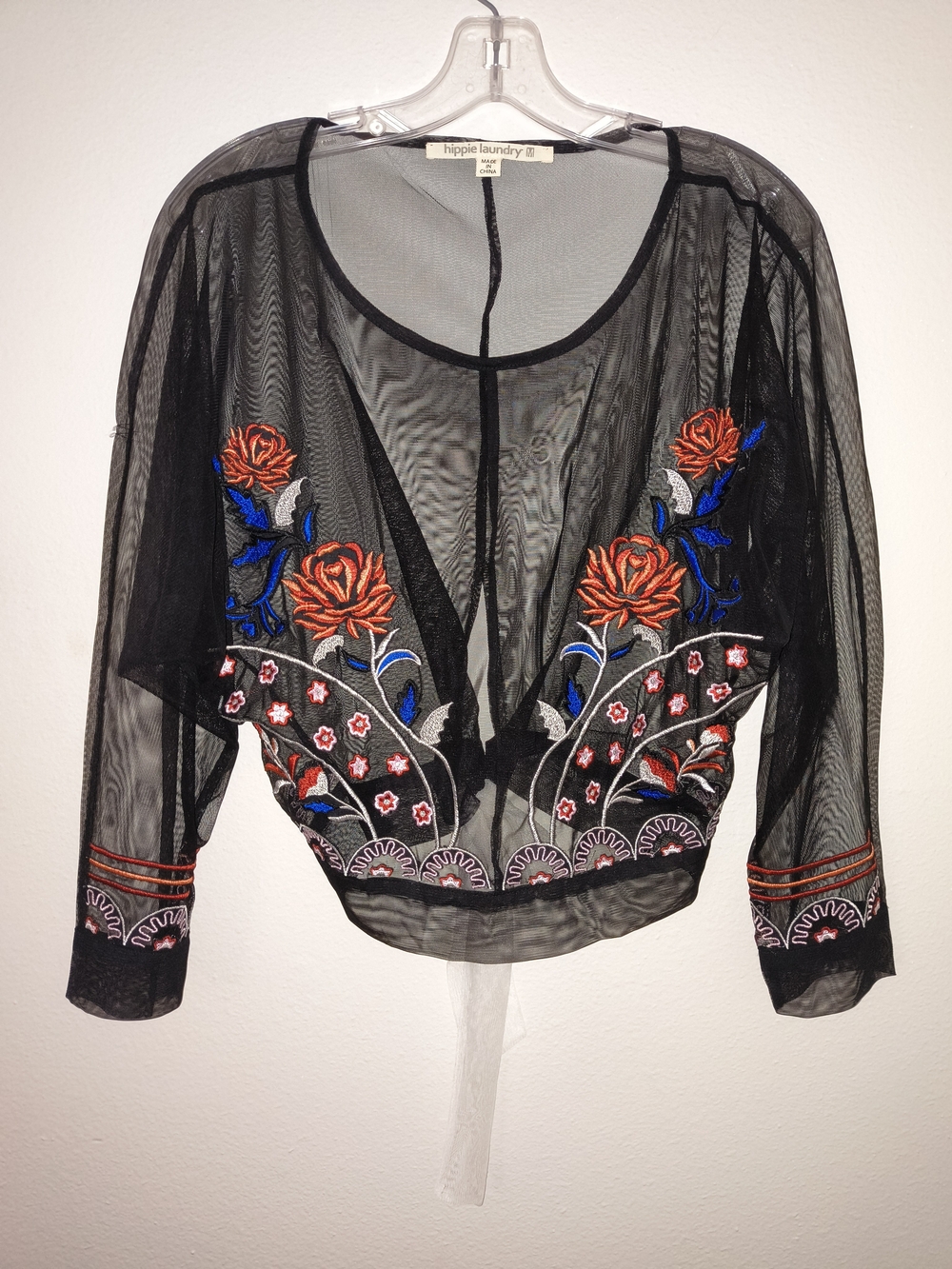 Hippie Laundry Black Sheer Embroidered Floral Crop Top